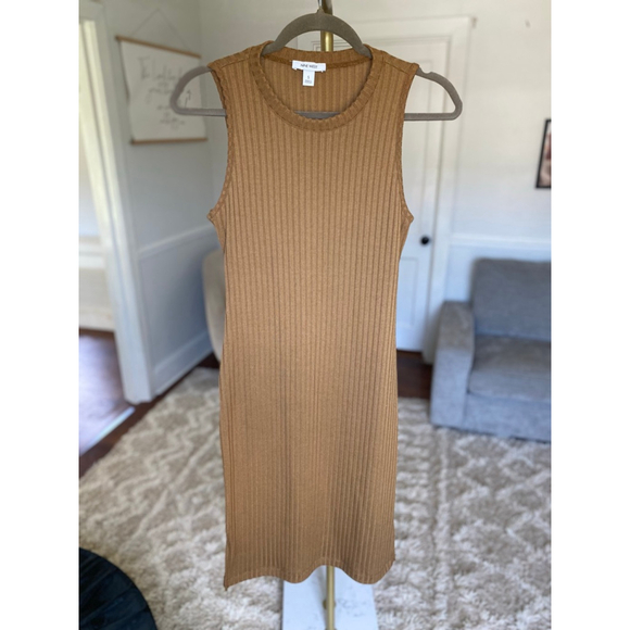 Nine West Ribbed Knit Midi Dress Tank Camel S Preppy Minimalist Resort Neutral - Picture 2 of 6